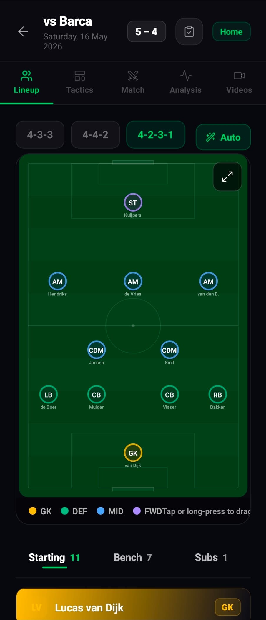 Pitch mobile — Match-day lineup on a 4-2-3-1 formation